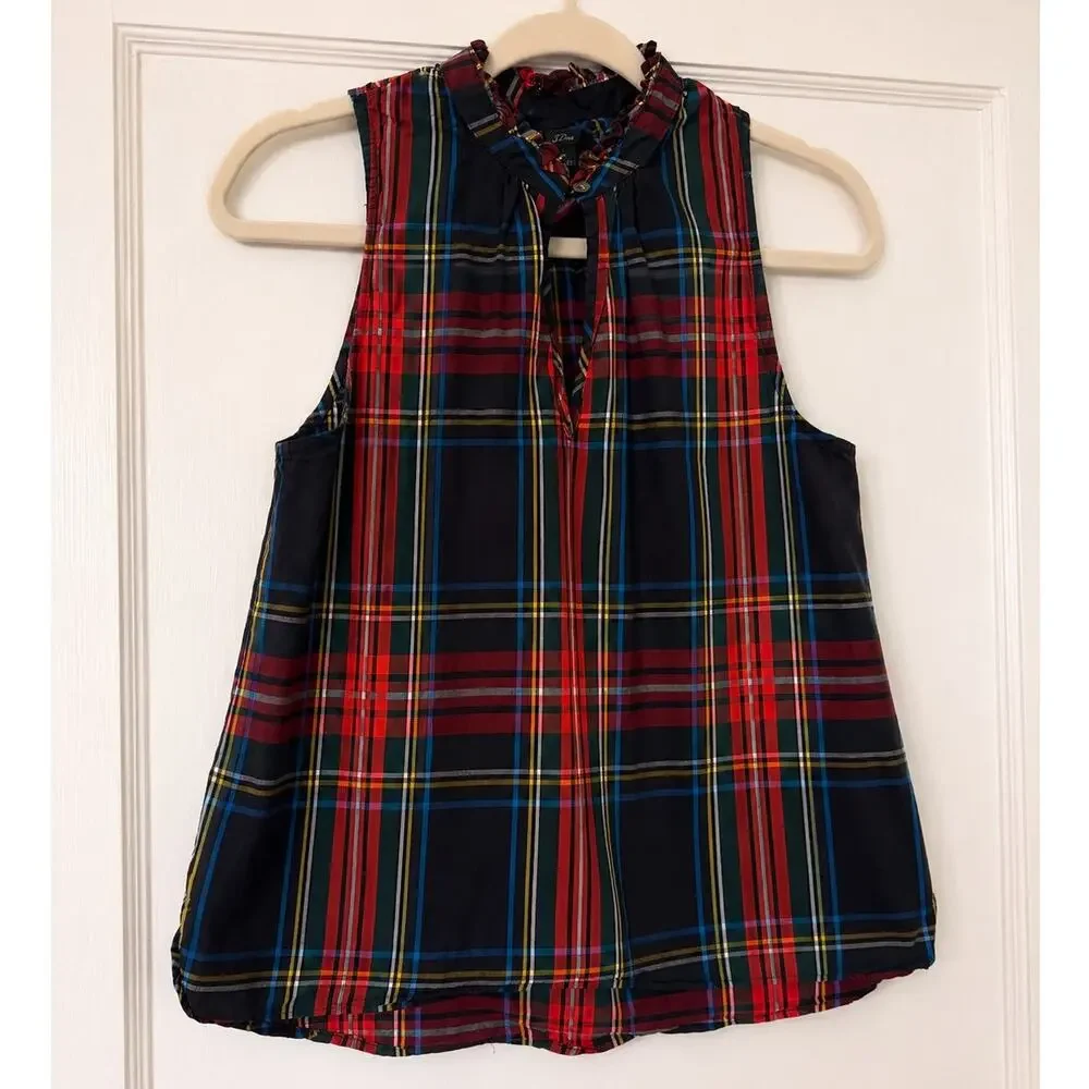 J.Crew Plaid Sleeveless Ruffle Neck Top Tartan Size 4